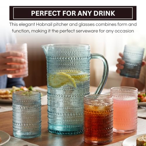 Image of Khen Hobnail Beaded Pitcher & Tumbler Glasses Set | Set of 6 Glasses & Carafe| Vintage 11 OZ Lowball & 2.4 Litter Glass Muted Bubble Design, Old-Fashioned, Embossed Design - Water, Wine, Cocktail