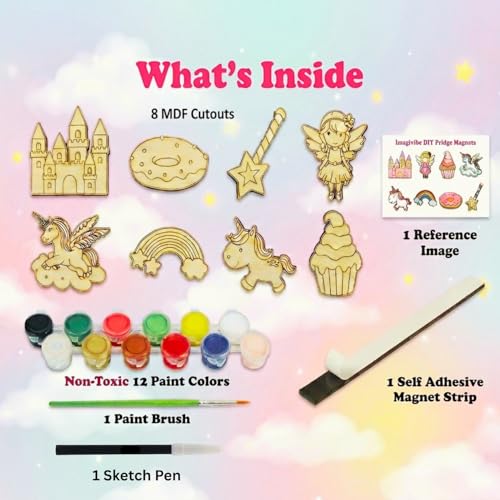 Image of ImagiVibe Paint Your Own Unicorn Fairy Tale Fridge Magnets Kit for Kids Girls | 8 MDF Cutouts DIY Painting Activity | Creative Screen-Free Art & Craft Kit | Made in India (Unicorn)