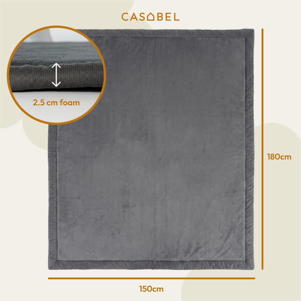CASABEL Baby-Spielmatte aus Samt, dick und weich, 150x180cm, Grau | 2,5 cm dick, komfortabler Schaum, rutschfeste Unterseite, leicht zu reinigen, ideal zum Spielen und Krabbeln, Babyzimmer