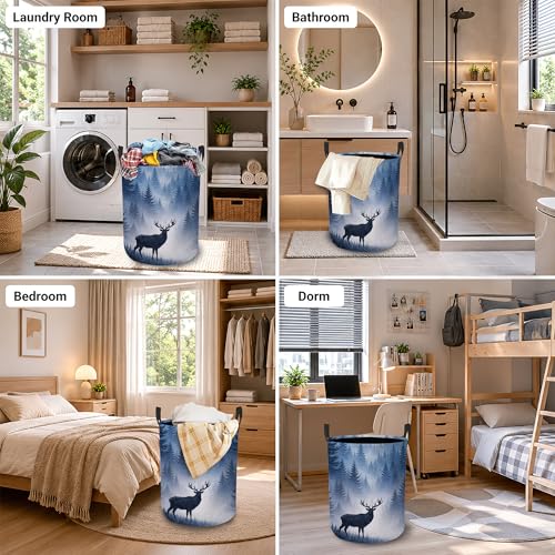 Image of Deer Forest Laundry Basket, Winter Landscape Collapsible Laundry Hamper Waterproof Oxford Cloth With Handles, Clothes Storage Bucket For Bathroom /Bedroom 16 inch x 20.8 inch