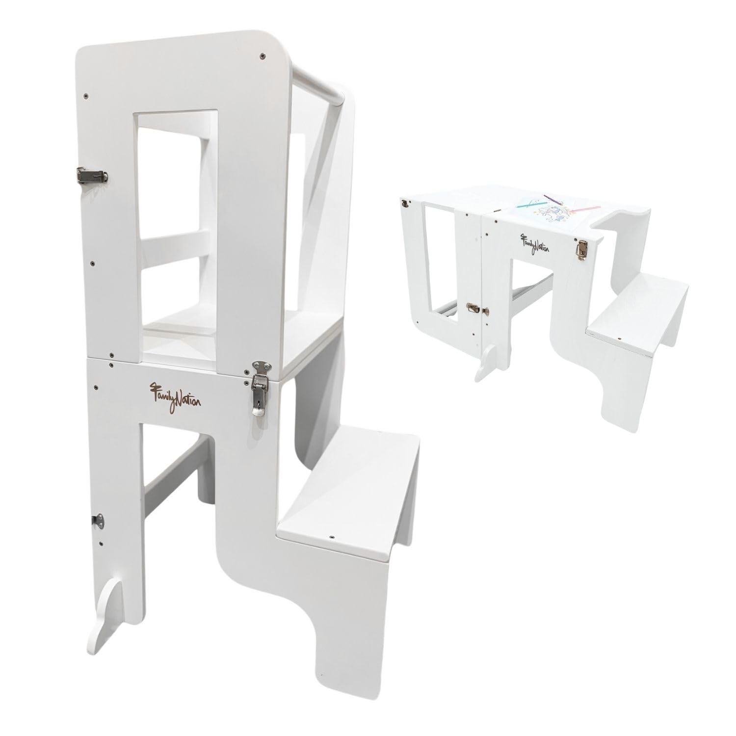 Family Nation, Torre Montessoriana 2 in 1, Convertibile in Tavolo e Sedia, per Bambini da 1 Anno di Età, Struttura in Legno con Supporto Extra, Bianca, 42x45x86 cm