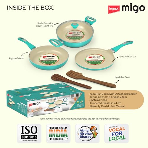 Image of Impex Ceramic Cookware Set | 6 Pc Induction Base Non Stick Kadai Pan with Lid, Fry Pan, Tawa Pan and 2 Spatulas | Free from PTFE, PFOA and Heavy Metals| 100% Non Toxic | 2 Year Warranty
