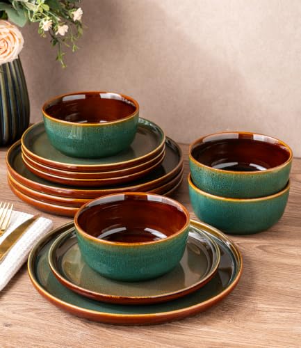 Image of GBHOME Dinnerware Sets for 4, 12 Pieces Stoneware Plates and Bowls Sets, Scratch Resistant Dishes, Dishwasher & Microwave Safe, Rustic Reactive Glaze-Brown Green