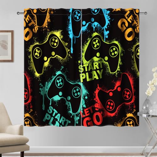 Kzzfqxb 117×138cm Cortinas para Juegos 2 Paneles, Cortinas de Ventana Coloridas con Siluetas abstractas de Videojuegos para niños Adolescentes, Cortinas de Tela para Sala de Estar y Dormitorio