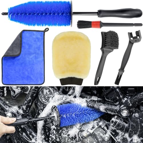 focopot Motorcycle Cleaning Kit 6 Pack with Easy Reach Brush Tire Brush Wool Wash Mitt Chain Brush Detailing Brush and Microfiber Towel for Cleaning Motorcycle Mudguard Rims Exhaust Frame
