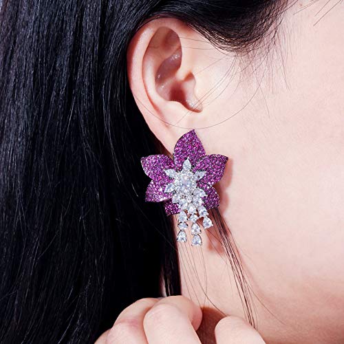 Boucles d'oreilles 925 anti-allergie avec grand zircon rose rouge géométrique