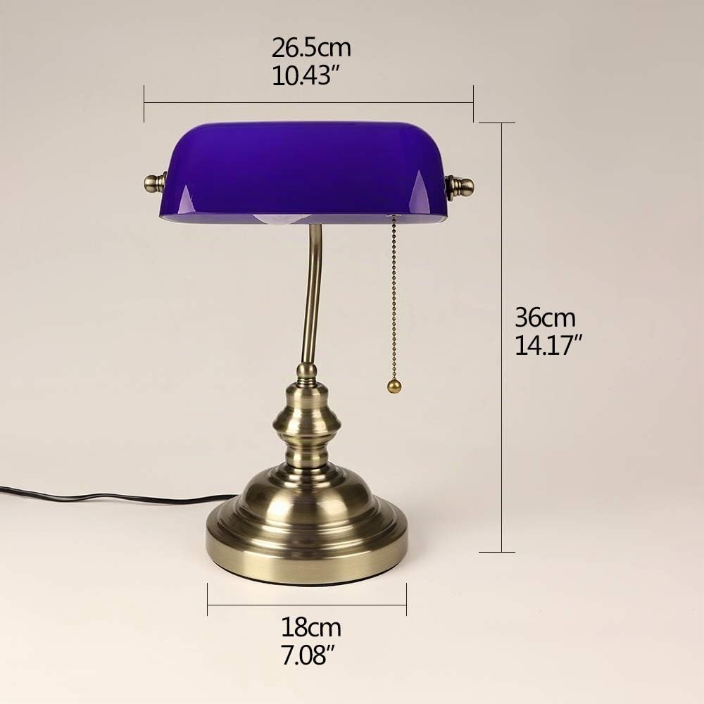 FIRVRE Lámpara de escritorio de banqueros de vidrio azul tradicional europeo clásico acabado bronce base E27 vintage lámpara de mesa