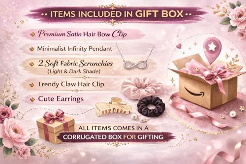 Image of Gift Hamper for Girls and Woman - Hair Accessories Combo with Handmade Satin Scrunchies, Handmade Pearl Bow Clip,Infinity Pendant, Claw Clip & Earrings | Birthday,Valentine's Day & Special Occasion Gift (Pack of 6)