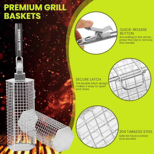 Grill Baskets 2PCS 304 Stainless Steel with Removable Wooden Handle Hexagon Design for BBQ Camping & Outdoor Cooking Accessories, Great Gift for Grill Lovers - Thumbnail 2
