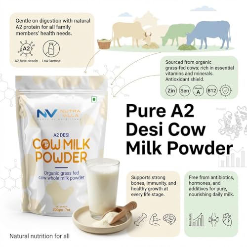 Image of NutraVilla A2 Desi Cow Milk Powder | Organic Grass Fed Whole Milk Powder | No Antibiotics, No Hormones | Rich in Protein & Calcium | Premium Natural Dairy Powder | 200g x 2 Pouches (400g Total)