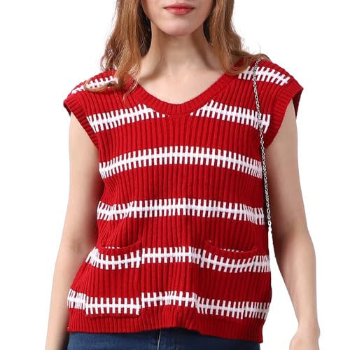 Image of PARTTELY Sweater Vest Women Casual Sleeveless Crochet Tops Color Block Tie Back Knit Tank Tops with Pockets