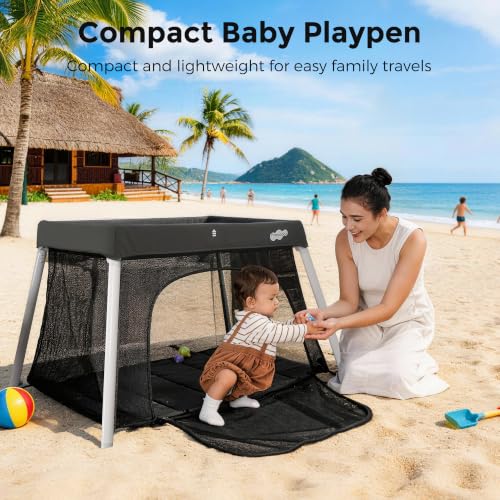 Image of Pamo Babe Travel Pack and Play, Foldable Portable Playpen with Mattress | Certified Baby Safe, Grey Playard with Zipper Door, Lightweight Baby Travel Bed with Backpack, Travel Crib for Outdoor Indoor