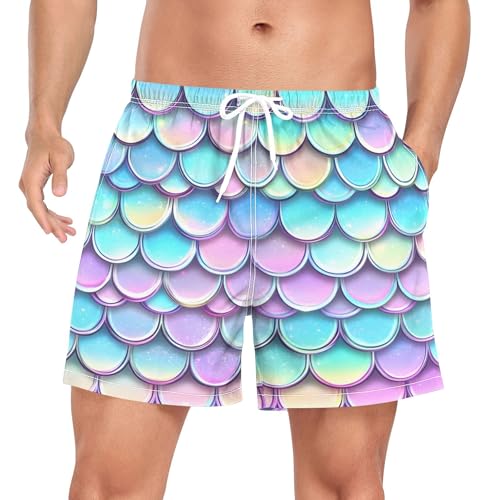 xigua Rainbow Fish Scales Mens Swim Trunks with Liner, 5 inch Quick Dry Mens Boardshorts for Beach