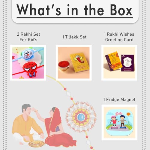 Image of CraftVatika Rakhi for Kids | Set of 2 for Brother | Cartoon Kids Rakhi Set of 2 for Brother with Fridge Magnet, Rakshabandhan Greeting Card, Tilak Set,Home Decor (M1-Kids Set)
