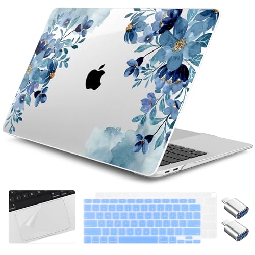 Yebiseven for MacBook Air 13 inch Case 2021 2020 2019 2018 Model A2337 M1 A2179 A1932, Laptop Hard Shell Case with Keyboard Cover & Trackpad Protector & 2 OTG Adapters, Blue Floral
