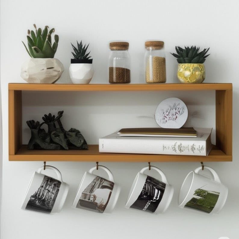 Image of Dreamy design Acacia Wooden Wall Shelf for Kitchen Storage & Mug Holder | Rustic Wall Mounted Organizer Rack with Hooks | Multipurpose Shelf for Spices, Jars, Cups, Kitchen Essentials & Home Decor