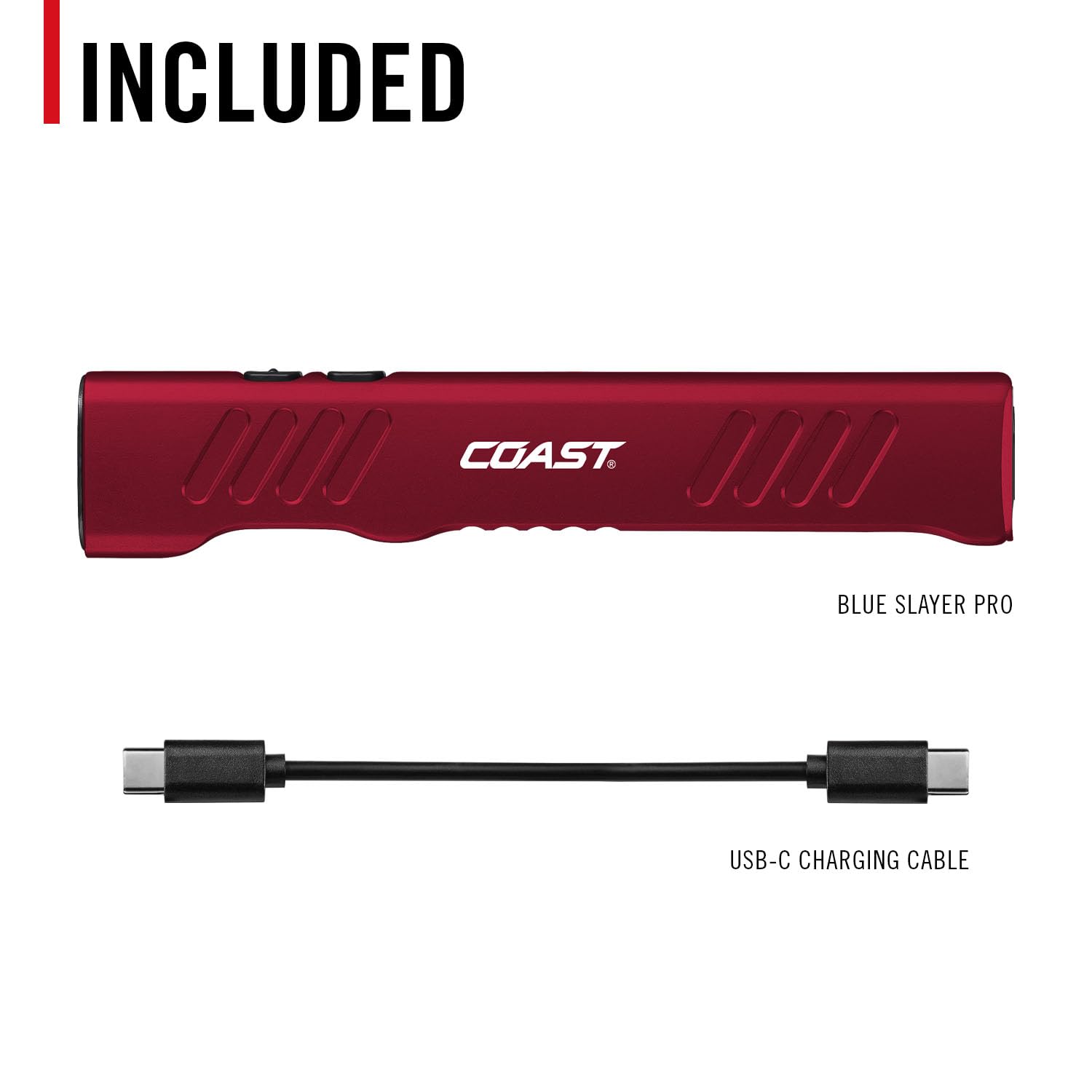 Coast Slayer Lampe torche LED rechargeable USB-C 1150 lumens avec spot/inondation, mode mémoire et clip de poche, rouge