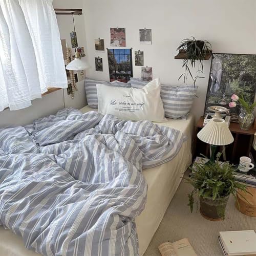 Image of Nayoroom Striped Duvet Cover Queen Blue White Stripe Bedding Set | Modern Farmhouse Coastal, Dorm Bedding, Soft Breathable Washed Microfiber, All-Season Comfort, Hidden Zipper, 4 Corner Ties