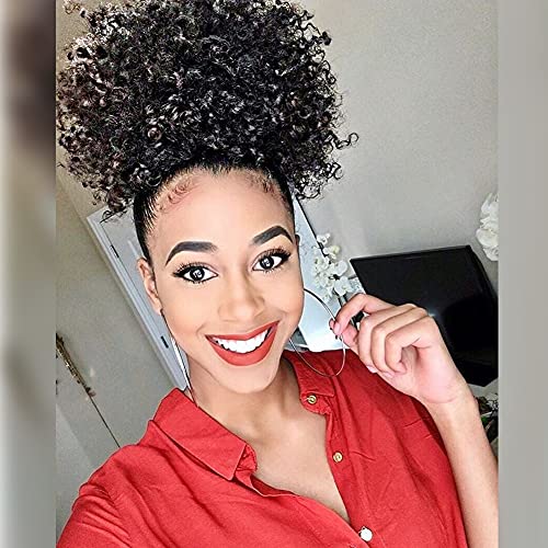 LEOSA Cola de caballo afro con cordón corto afro rizado, cola de caballo rizada, clip en moño de pelo sintético rizado hecho de fibra Kanekalon, extensiones de cabello con clips (negro)