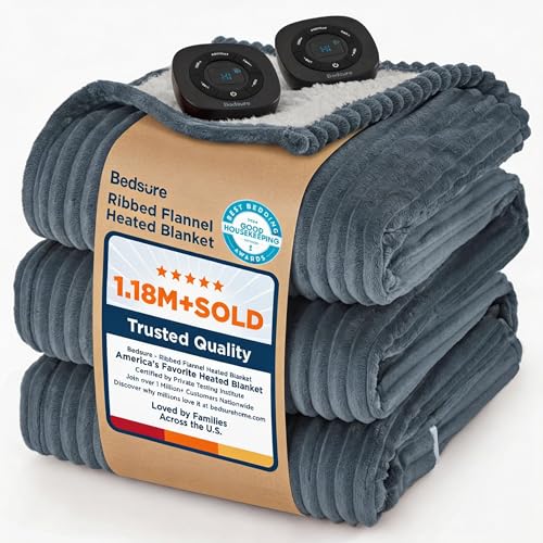 Bedsure GentleSoft Electric Blanket Queen Size - Soft Ribbed Flannel Heated Blanket with Dual...