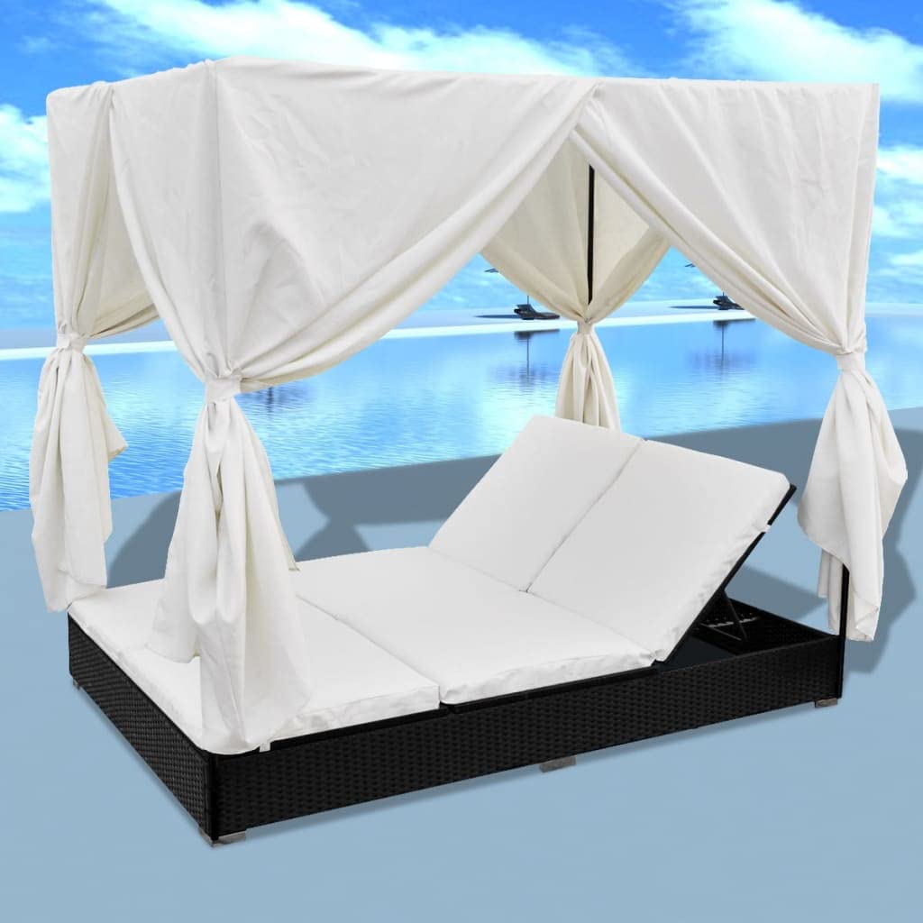 Makastle Chaise Longue D'extérieur avec Auvent et Rideaux, Lit de Repos Double avec Dossier et Repose-Pieds Réglables pour Balcon, 197x140x180 cm Noir Résine Tressée