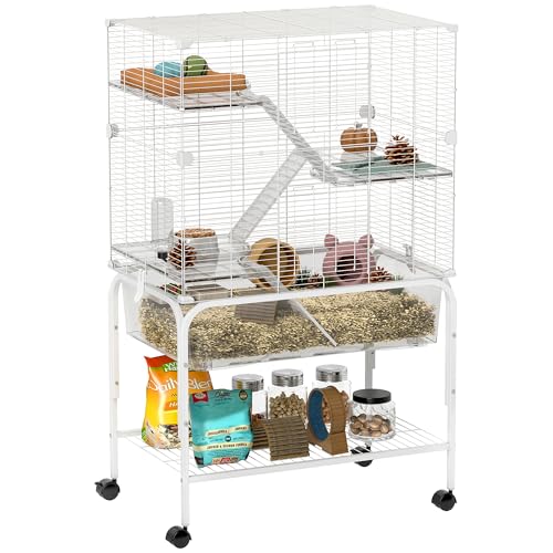 PawHut Jaula para Animales Pequeños de 4 Niveles con Ruedas Jaula para Roedores con Bandeja Profunda Rampas Plataformas Comedero y Bebedero Recinto para Chinchillas Hurones Hámster 73x47x123 cm Blanco