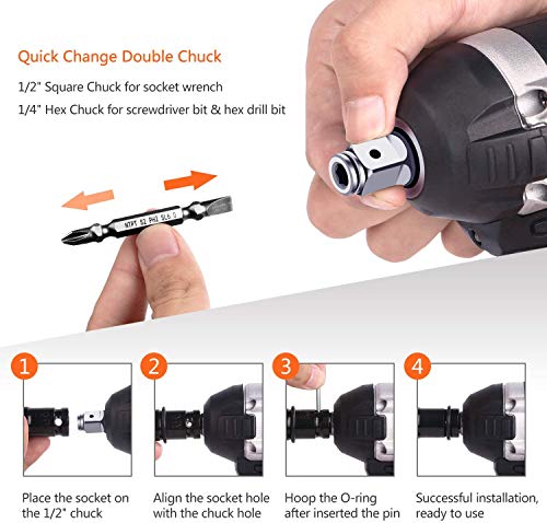 Cordless Impact Wrench - GOXAWEE 20V Electric Impact Driver (4.0Ah Battery, Brushless Motor, 1/2 & 1/4 Inch Quick Chuck, 2-Speed, Tool Bag) - High Torque Impact Kit for Home & DIY Project - Thumbnail 3