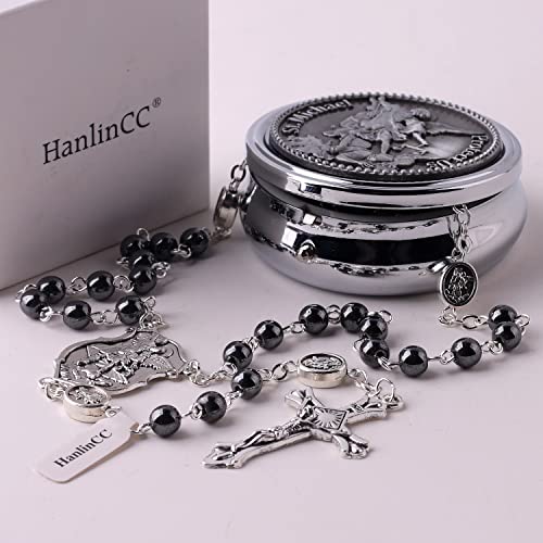 Hanlincc Saint Michael The Archangel Hematite Black Stone Beads Rosary Necklace With Metal Gift Box For Men #TOP4