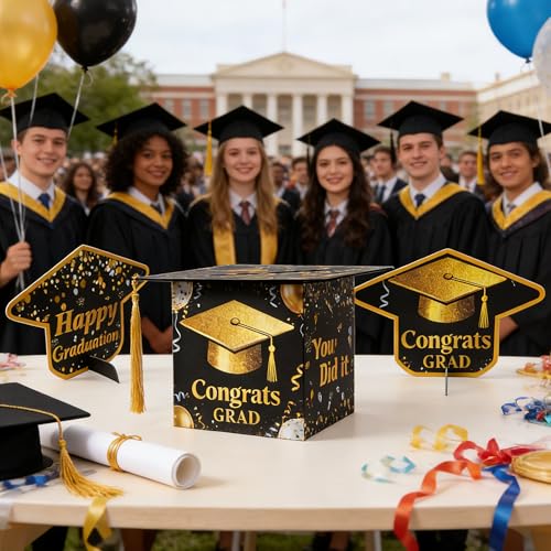 Image of APLUSWER Graduation Card Box with Golden Tassel, Graduation Decorations 2026 Graduation Cap Card Box for Senior Night Graduation Gift Graduation Party Favors Decor Party Supplies