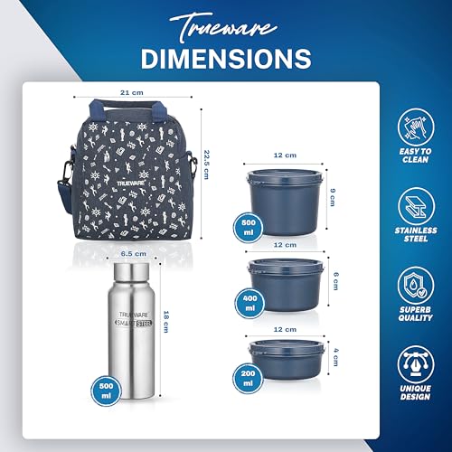 Image of Trueware Omaga Lunch Box with Insulated Khadi Jacket, 3 Microwave Safe & Leak Proof Inner Stainless Steel Containers (1 x 200ml, 1 X 400ml & 1 X 500ml) & 1 Steel Bottle 500ml Tiffin for Office,College