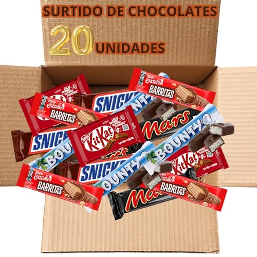Pack 20 Chocolatinas Surtidas – Mars, Snickers, KitKat, Bounty y Nestlé Extrafino – Mix de Chocolates Variados para Regalar o Compartir