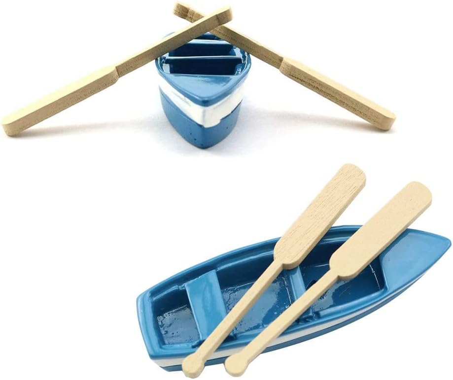 RUIAN Lovely Miniature Blue Rowboat Little Resin Boat Canoe Model with Oars for Miniature Cake Topper Decoration (2 Set)