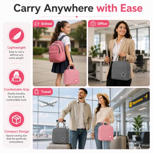 Image of Milton Lunch Bag Set of 2 with Insulated Interior, Reusable Food Carrier for Office School College and Daily Commute, Lightweight Design with Spacious Storage, (Pink,Grey