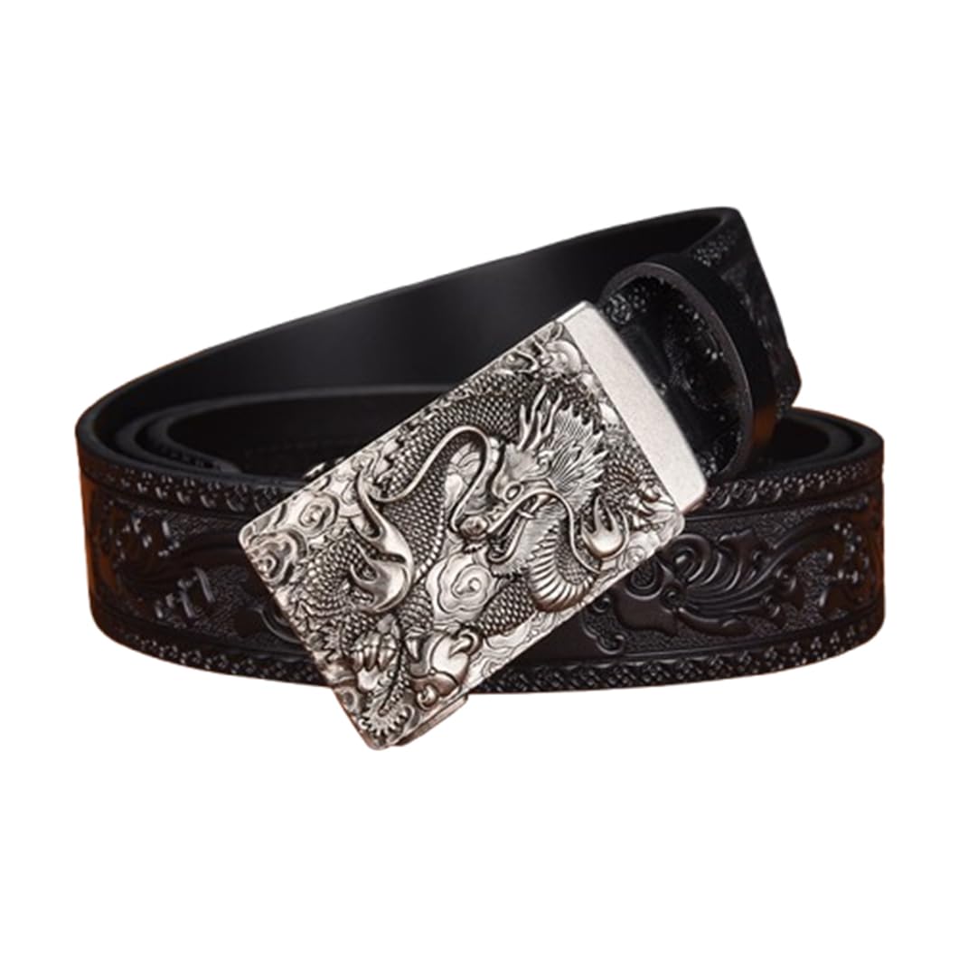 Agutalithic Men's Black Wo Ratchet Belt Engraved Silver Dragon Pattern Automatic Slide Buckle Western Cowboy Handmade Waistband(115Cm/45, )