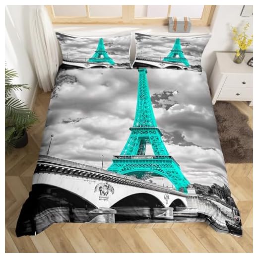 TAKOLI Bettwäsche 135 x 200 3D Eiffelturm Druck, Weiche Microfaser Frankreich Paris Bettwäsche Set 2 teilig - Magnolie Eiffelturm Bettbezug & 1 Kissenbezüg 80x80, mit Reißverschluss 5 Bettwäscheset mit Eiffelturm-Motiv, für Mädchen, schickes Teal und Paris, Bettwäsche-Set für Kinder, Teenager, Damen, Schlafzimmer, Dekoration, Paris, moderner französischer Stil, Tagesdecke