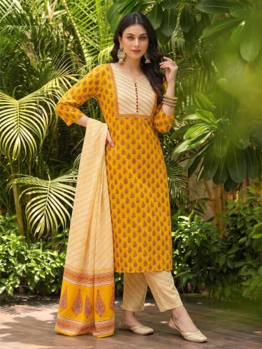 Image of Vaamsi Women's Rayon Blend Ethnic Motifs Printed Straight Kurta Palazzo With Dupatta (VKSKD1042 Yellow XL)