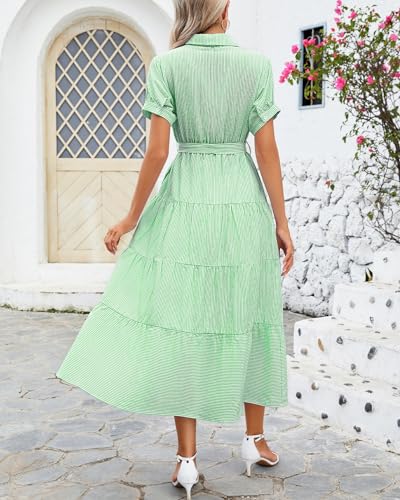 Image of Ladyful Women Striped Shirt Maxi Dress Short Sleeve Tie Waist Long Dress