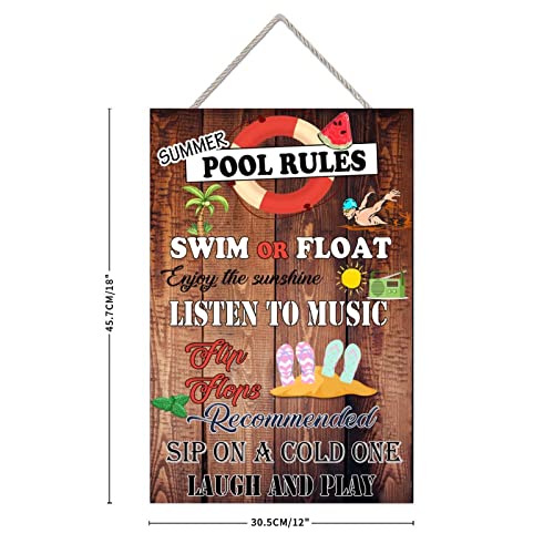 MISSUYSA Retro Wood Sign Pool Rules Hanging Sign Hello Summer Wall Decoration Outdoor Swimming Pool Decor Pool Sign 12x18 inch