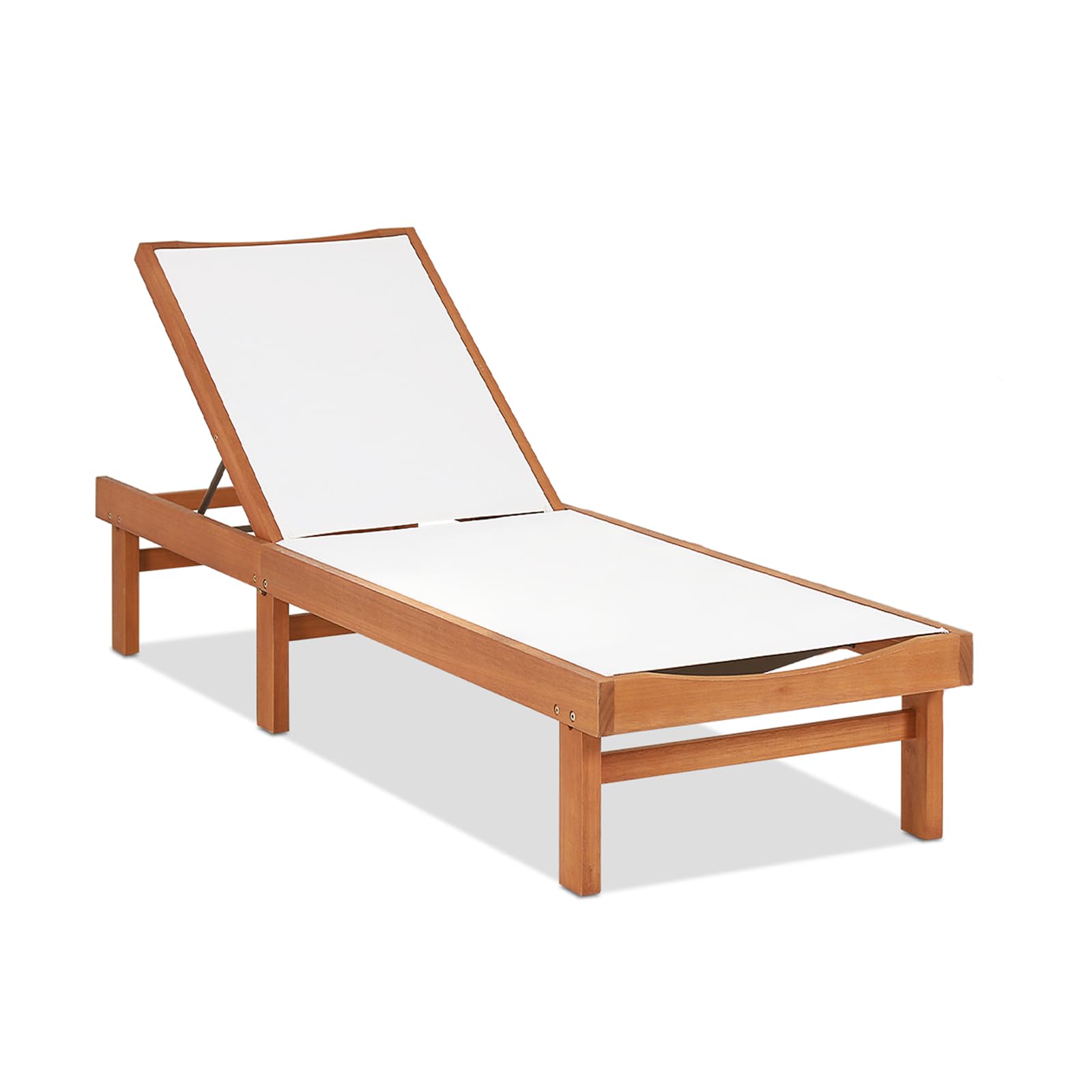 Condition photo showing New/Like New for costway patio wood chaise lounge chair, strong eucalyptus wood frame, 5-position adjustable outdoor recliner with white mesh (1)