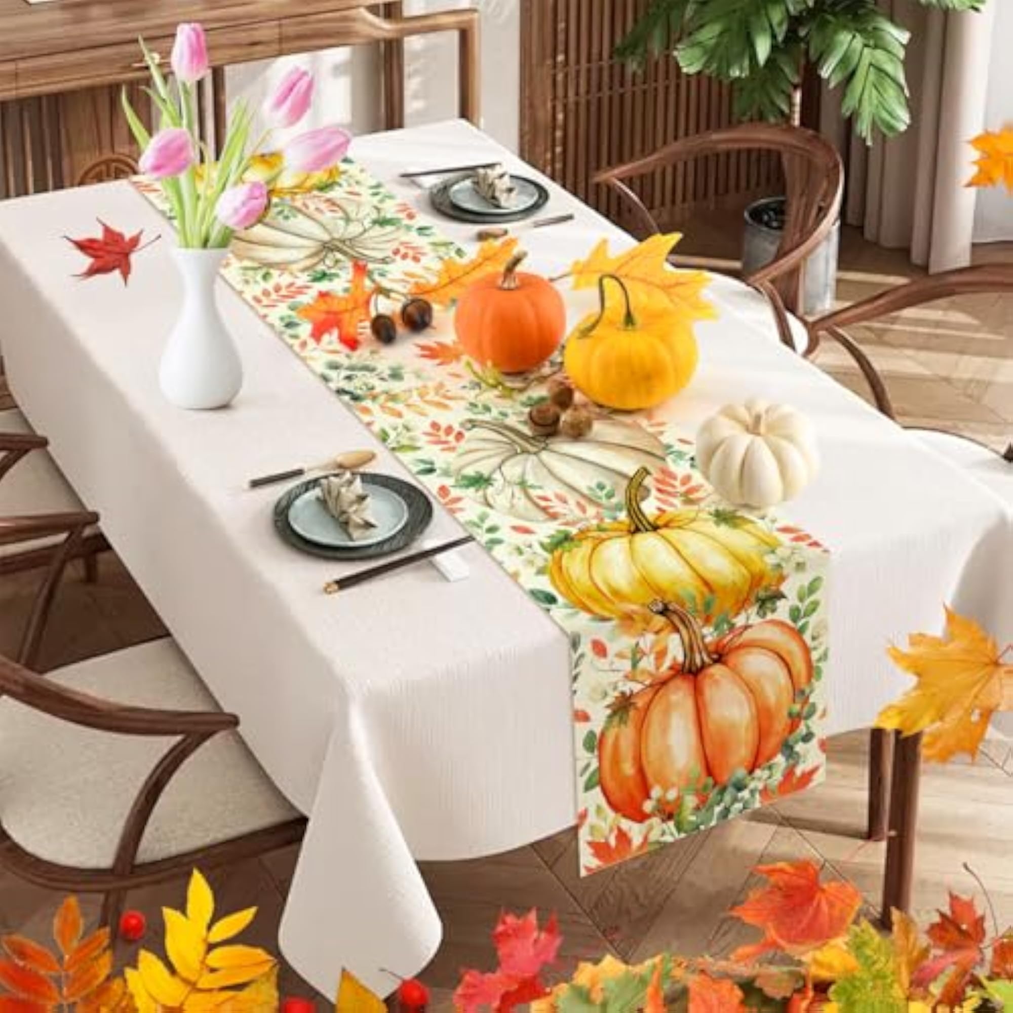Pumpkin Eucalyptus Leaves Fall Table Runner