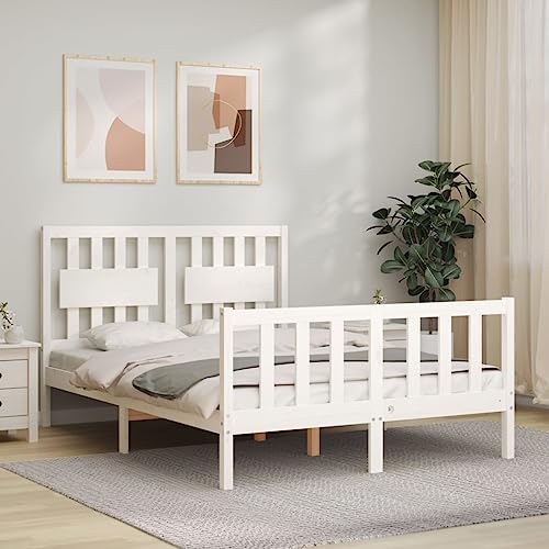 Camerina Marco de cama con cabecero blanco, 140 x 190 cm, madera maciza, muebles, camas y accesorios, camas y marcos de cama (SPU: 3192407)