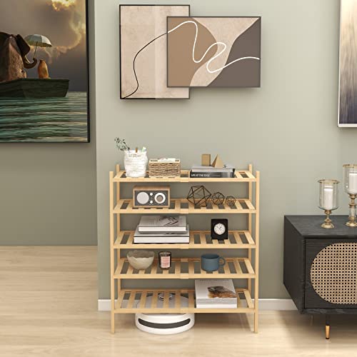 Image of Shoe Rack Organizer for Closet Entryway, 5 Tier Bamboo Shoe Shelf, Small & Stackable Shoe Rack, 2 Tier + 3 Tier Shoe Rack, Tall Shoe Storage, D11 * W27.2 * H32.7 Inches, Natural
