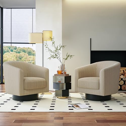 IdeaKey Swivel Accent Chairs Set of 2, 360° Bucket Chair, Modern Upholstered Barrel Armchair, Comfy Corduroy Single Sofa for Living Room Bedroom, Camel