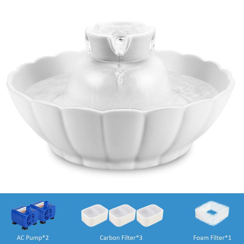 iPettie Fontana in Ceramica per Gatti Cani con Un Filtro Distributore Automatico Tranquillo Acqua Animale Fontana 2.1L Pet Water Fountain Drinking Bowl (loto bianco)