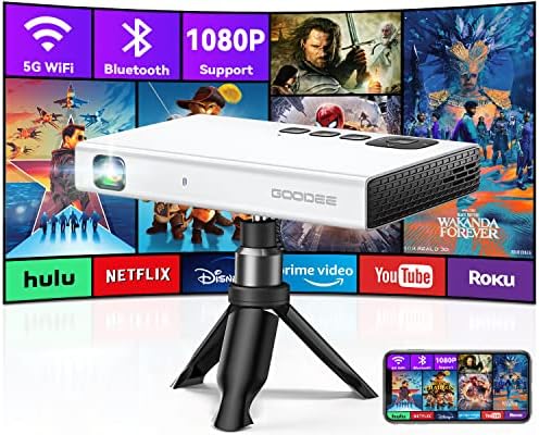 Mini Projector with WiFi and Bluetooth, GooDee Portable Video DLP Projector with Tripod&Bag, Pico 1080P Outdoor Movie Projector, Pocket Rechargeable Battery Short Throw for iPhone/Android/Cookie/Paint