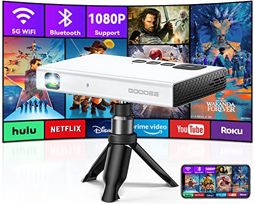 Mini Projector With Wifi And Bluetooth, Goodee Portable Video Dlp Projector With Tripod&Bag, Pico 1080P Outdoor Movie Projector, Pocket Rechargeable Battery Short Throw For Iphone/Android/Cookie/Paint #TOP3