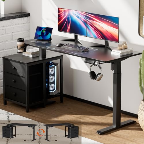 Image of REAHOME Electric Standing Desk with Drawers, 55 x 24 Inches Height Adjustable Sit Stand Desk with Storage, 3 Memory Preset Home Office Computer Desk, Printer Cabinet, 2 Hooks, Cable Management, Black