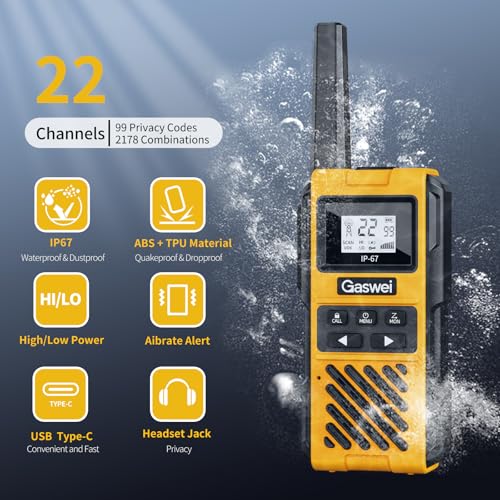 Image of Gaswei G1pro IP67 Waterproof FRS Heavy Duty Long Range Walkie Talkies-4Pack | NOAA Weather Alert,Call Alert,VOX,FM Radio,Keypad Lock,Type-c Port,Rechargeable,Shock Resistant,Hiking,Camping,Skiing