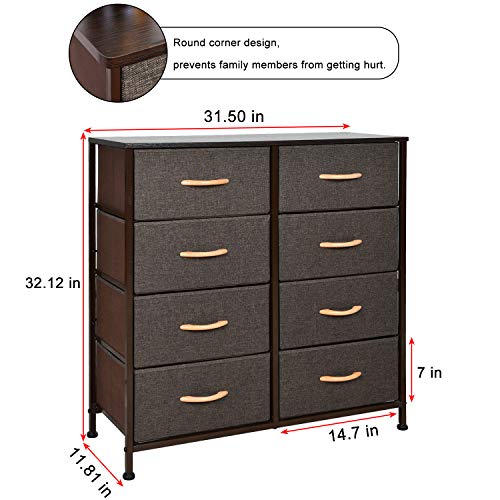 WAYTRIM 4-Tier Wide Drawer Dresser, Storage Unit with 8 Easy Pull Fabric Drawers and Metal Frame, Wood Top, Organizer Unit for Bedroom, Hallway, Entryway, Closets, 31.5 x 11.81 x 32.12 Inches - Brown