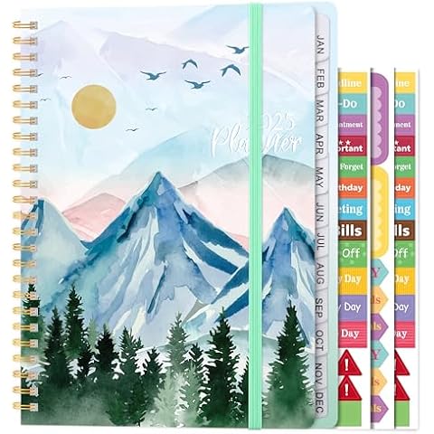Xqumoi 2025 Planner - 2025 Weekly and Monthly Planner, Jan. 2025 - Dec. 2025 Planner, 8.5" x 6.2", Mountain Forest 2025 Calendar Planner with Taps, Planner Sticker, Inner Pocket, Twin-Wire Binding Cover